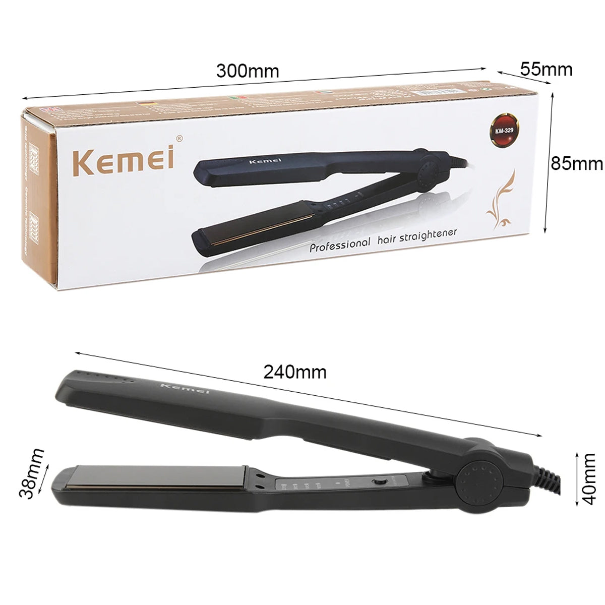 100% Original Kemei KM-329 Professional Hair Straighteners Flat Iron Straightening Hair Styling Tools Beauty Care EU Plug 35W - Black